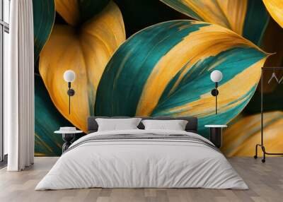 Vibrant Close-Up of Tropical Leaves with Striking Yellow and Green Patterns in Natural Light Wall mural