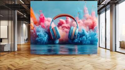 Vibrant Headphones with Colorful Smoke Explosions in Background, Modern Music Concept Wall mural