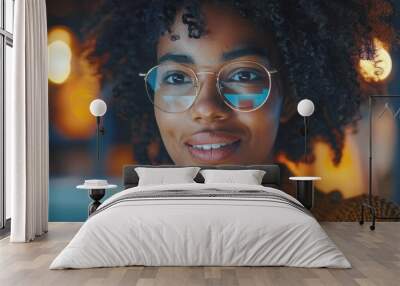 Young Woman with Glasses Working on Computer in Cozy Home Office with Warm Lighting Wall mural