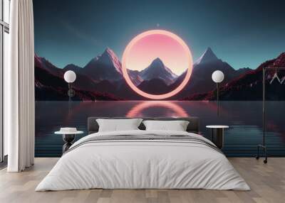 Abstract neon background with geometric circle shape, Beautiful frame and extraterrestrial landscape under the night sky and Rocks. Futuristic minimalist wallpaper. Created with Generative AI. Wall mural