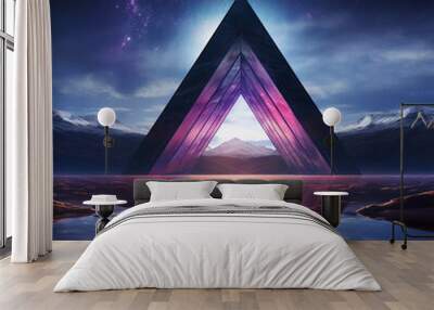 Abstract neon background with geometric triangle shape, Beautiful frame and extraterrestrial landscape under the night sky and Rocks. Futuristic minimalist wallpaper. Created with Generative AI. Wall mural