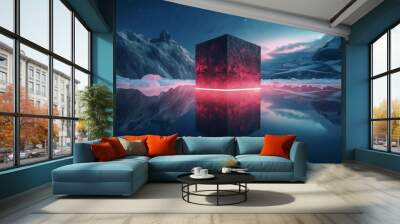 Abstract neon background with podium geometric shape, Beautiful frame and extraterrestrial landscape under the night sky and Rocks. Futuristic minimalist wallpaper. Created with Generative AI. Wall mural