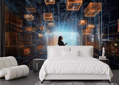 Digital graphics Futuristic 3D Concept, Big Data Center Woman Chief Technology Officer Using Laptop Standing In Warehouse, Information Digitalization Lines, technology and data, Generative AI. Wall mural