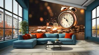 Money coins with retro alarm clock and plant, Return on investment, deposit, growth of income, retirement and savings. Time is money concept, Generative AI Wall mural