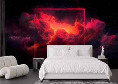 Spectacular cosmic cloud explosion within transparent square with black background. Colorful nebula and stars in space. Digital art for wallpaper and creative design, Generative AI. Wall mural