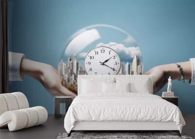 Time management, human hands holding a city scenery with alarm clock and clouds, Time to travel, use for advertising, poster, cover, illustration. Generative ai. Wall mural