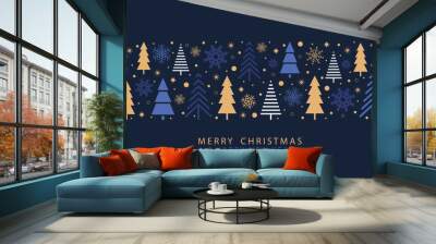 Festive design Merry Christmas and Happy New Year with Christmas trees and beautiful snowflakes in a modern style on a blue background. Winter forest with falling snow. Vector illustration. Wall mural