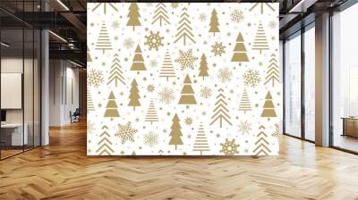 Golden Christmas trees and snowflakes on white background, winter vector illustration for wrapping paper, surface, textile. Wall mural