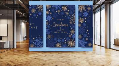 Samples of modern decorative art. Merry Christmas and New Year cards and invitations to corporate events. Blue and gold snowflakes and a Christmas star on a blue background. Winter vector illustration Wall mural