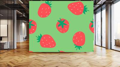 Seamless pattern with strawberries on a green background. Vector illustration in flat style. Wall mural