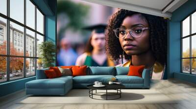 African American woman graduate wearing cap and gown. Generative AI Wall mural