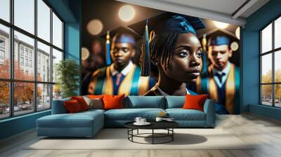 African American woman graduate wearing cap and gown. Generative AI Wall mural