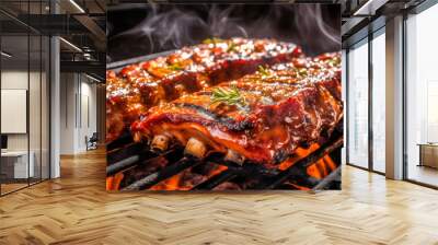 Baby back ribs on the grill. Generative AI Wall mural