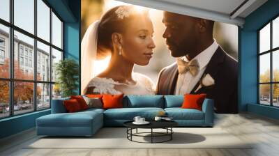 Black couple wedding portrait, wide. Generative AI Wall mural