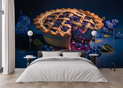 Blueberry pie, sliced open. Generative AI Wall mural