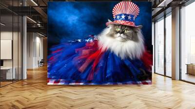 Cat celebrating 4th of July Independence Day, Memorial Day, USA. Generative AI Wall mural