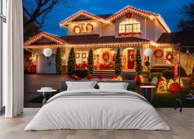 Christmas lights and decorations on a suburban house exterior at night, winter holiday seasonal decor Wall mural