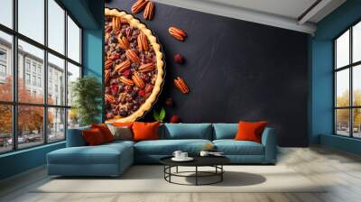 Cranberry pecan pie on dark stone, flat lay with copyspace, top view, fall food, Thanksgiving cooking Wall mural