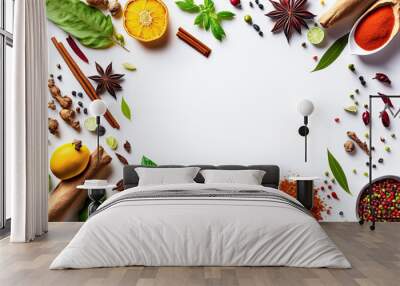 Culinary herbs and spices flat lay design, copyspace. Generative AI Wall mural