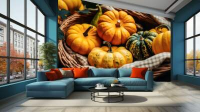 Decorative fall pumpkin gourds in a basket, wide banner, background, Thanksgiving Wall mural