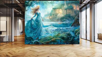 Ethereal woman in a blue dress in a fairy landscape, magical, Celtic. Generative AI Wall mural