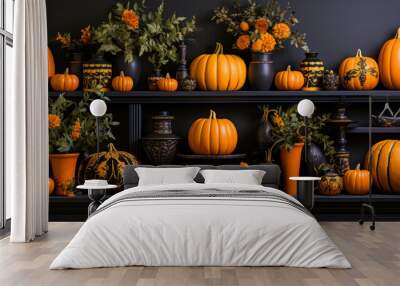 Fall pumpkins and flowers on display shelves, interior home decor, Halloween seasonal decorations, orange and black, wide banner Wall mural