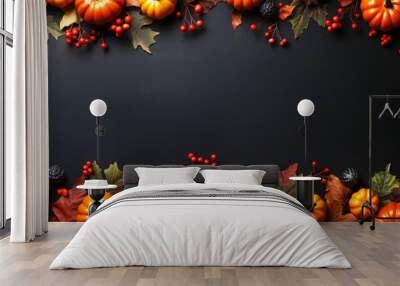 Fall pumpkins gourds and leaves flat lay, banner, background, copyspace, top down view, seasonal decor Wall mural