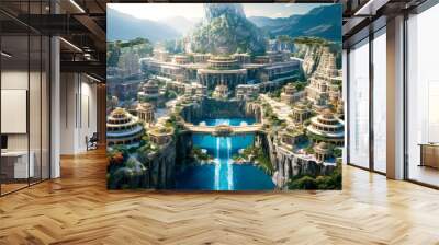 Fantasy city landscape, cliffs, Atlantis, coastal water island civilization. Wall mural