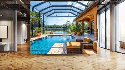 Florida luxury mansion lanai patio on the waterfront with screened in pool, exterior home design Wall mural