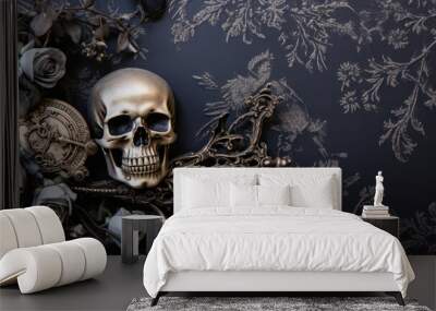 Halloween banner with skull and flowers, gothic, black and silver, wide, copyspace Wall mural