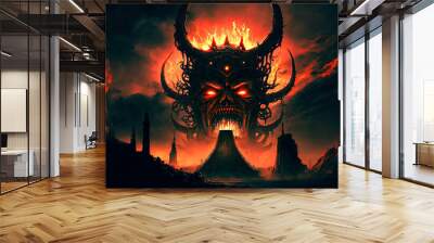 Hell landscape, stairs to mouth of giant demon head. Generative AI Wall mural