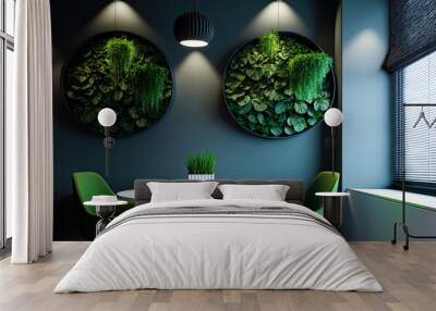 Interior, table and two green chairs, plants hanging on wall. Generative AI Wall mural