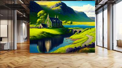 Irish landscape, house on river, stone bridge, mountains, valley. Generative AI Wall mural