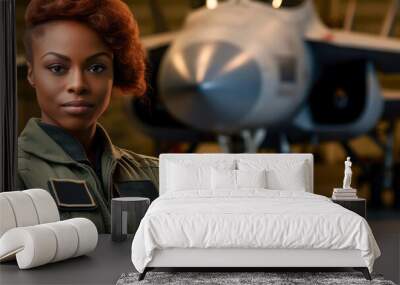 Military fighter jet woman pilot portrait, African American. Generative AI Wall mural