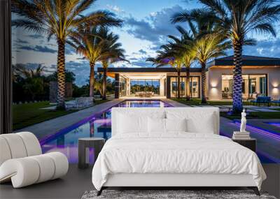 Modern Florida tropical mansion home exterior design, purple lights swimming pool, palm trees Wall mural