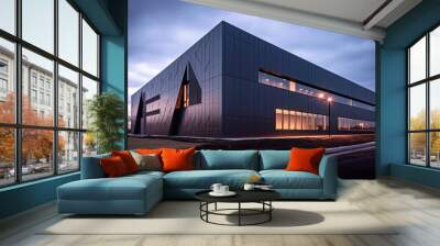 Modern sleek warehouse office building facility exterior architecture, steel, night, cloudy, overcast. Generative AI Wall mural