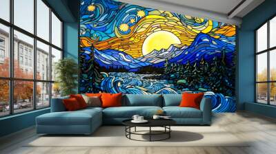 Mountains landscape, night, empty background, colorful, painting. Generative AI Wall mural