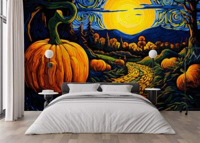 Orange pumpkins along path at night, autumn landscape, oil painting style, fall harvest season, Halloween, background Wall mural