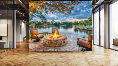 Outdoor stone firepit and stone porch with chairs and light strands on lake waterfront, exterior design Wall mural