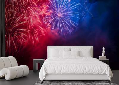 Red and blue fireworks in corner with copyspace, border, frame, wide banner Wall mural