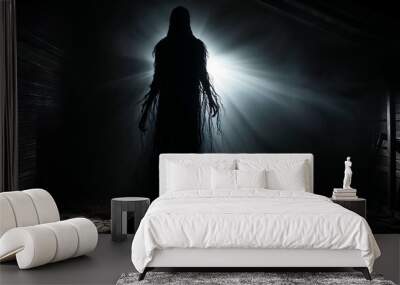 Shadow person in a dark barn, backlit silhouette, supernatural evil entity, wide banner Wall mural