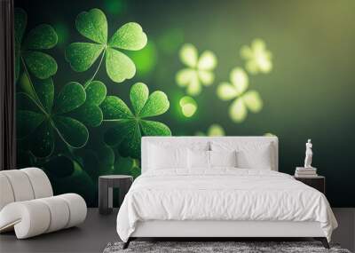 St. Patrick's Day banner, clover, background, bokeh, wide, copyspace. Generative AI Wall mural