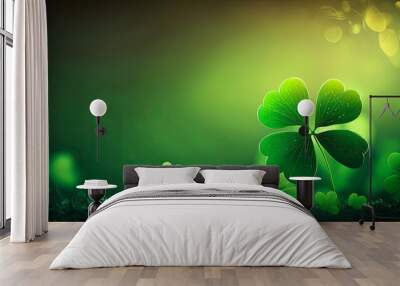 St. Patrick's Day banner, clover, background, bokeh, wide, copyspace. Generative AI Wall mural