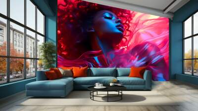 Stunning woman portrait in fluid fabric plastic, red and blue bold contrast color, wide banner, Otherworldly Visions Wall mural