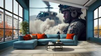 US soldier, helicopter in background, copyspace. Generative AI Wall mural