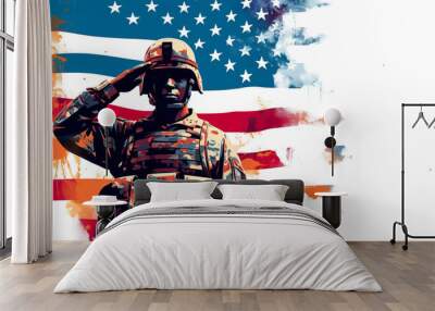 USA army soldier saluting, flag, copyspace. Generative AI Wall mural