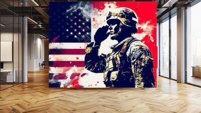 USA army soldier saluting, flag, graphic design. Generative AI Wall mural