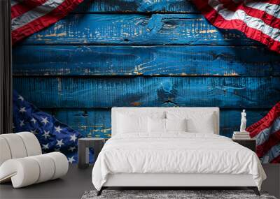 USA flag on rustic blue wood planks flat lay background, 4th of July, Memorial Day, border, background, copyspace Wall mural