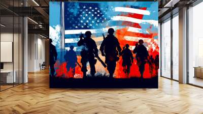 USA soldier silhouettes, flag, graphic design. Generative AI Wall mural