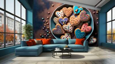 Valentine's Day flat lay design, heart shaped cookies in a bowl. Generative AI Wall mural